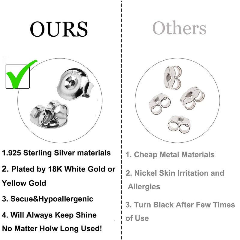 DELECOE 12PCS Real 925 Silver Earring Backs Replacements, 18K White Gold Plated Hypoallergenic , Secure Ear Locking for Stud Nut for Posts, 6mm - Image 3